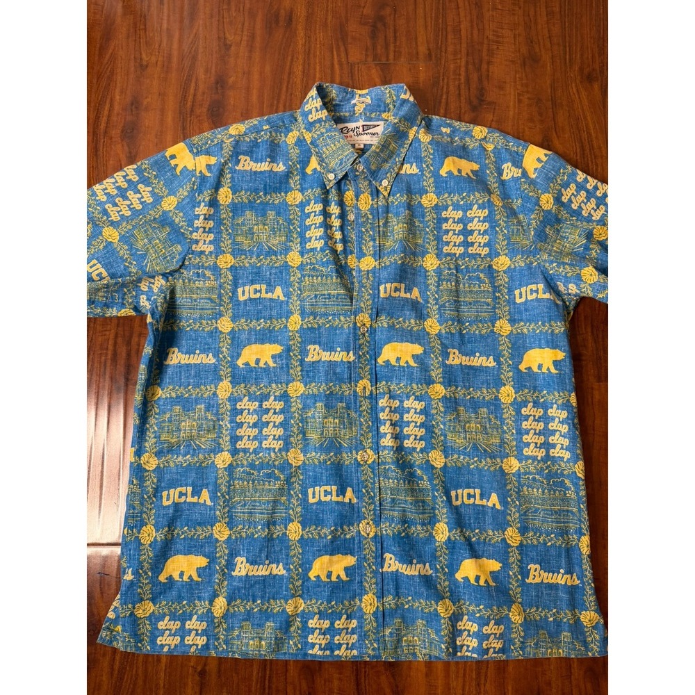 Reyn Spooner Classic University UCLA Bruins Hawaiian Shirt Mens SZ XL Blue Gold
